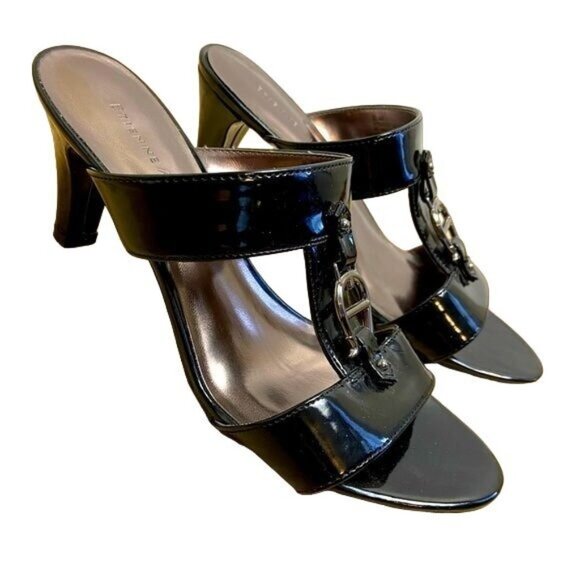 ETIENNE AIGER Womens Milo‎ Heeled Sandal SZ 7M Black Horseshoe Open Toe Straps - Picture 1 of 10
